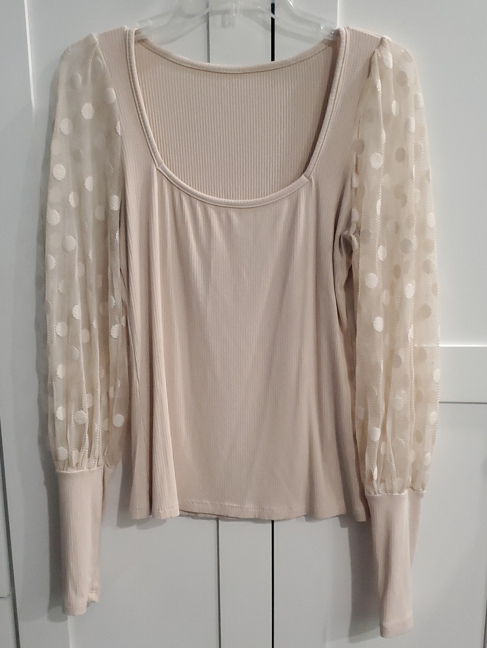 Women's Cream Long-Sleeve Polka Dot Mesh Sleeve Tee